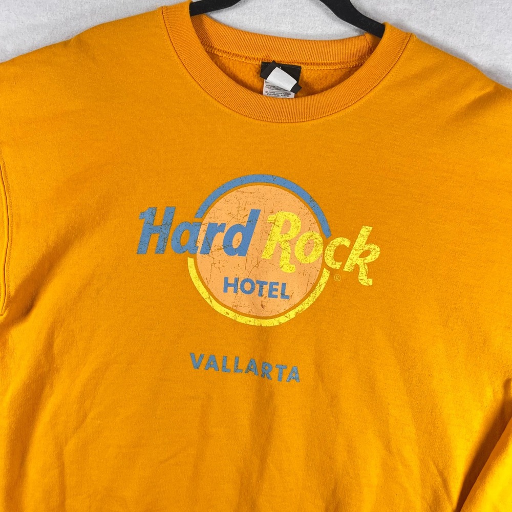 Hard Rock Hotel Vallarta Crewneck Sweatshirt Yellow Graphic Logo Pullover Size L